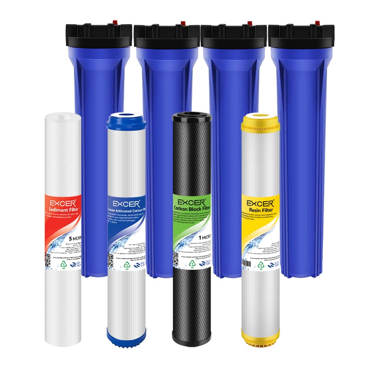 Whole House 4-Stage Water Filtration – 20x2.5" Slim Line Housing 3/4 inches inlet/outlet